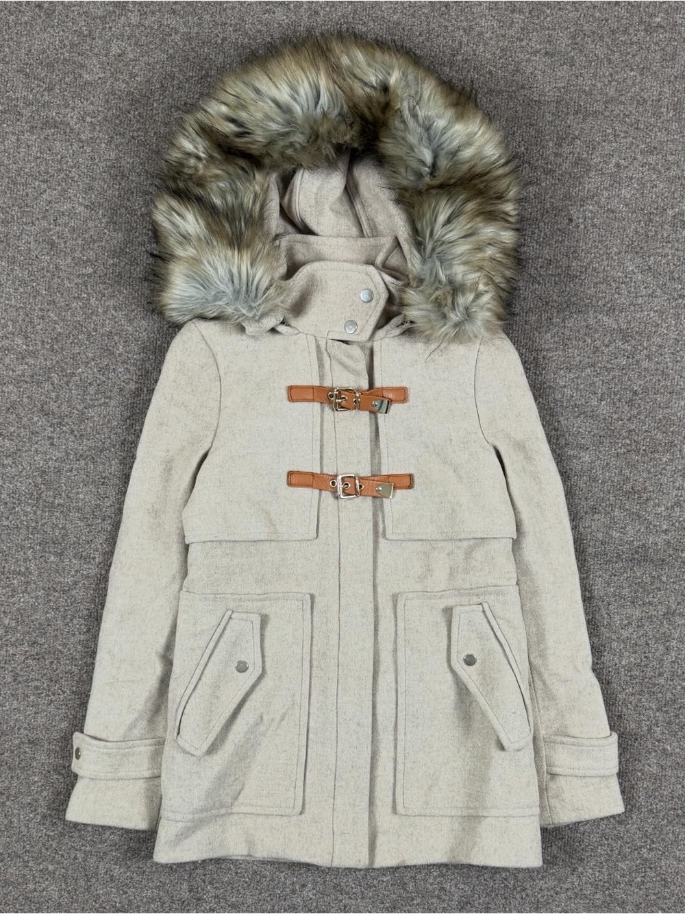 Zara Oatmeal Beige Wool Blend Duffle Coat Women’s XS Removable‎ Hood & Fur Trim